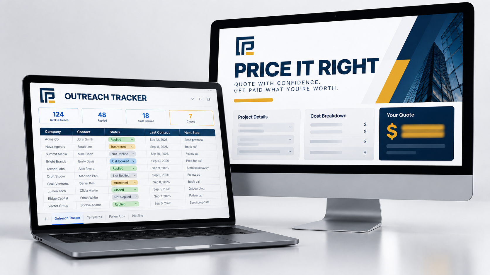 CLIENT-PROOF Price It Right guide and Outreach Tracker spreadsheets