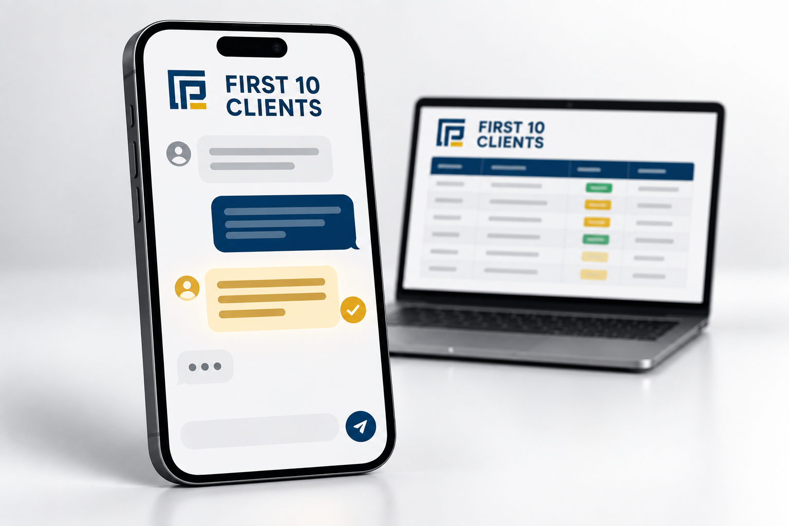 FIRST 10 CLIENTS outreach system open on a laptop and phone