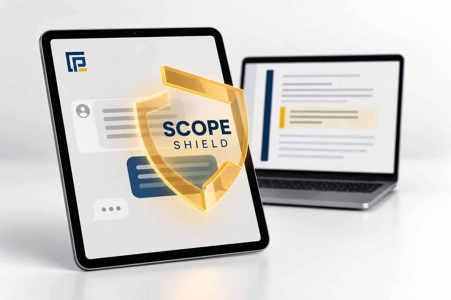 SCOPE SHIELD client communication scripts open on a tablet and laptop